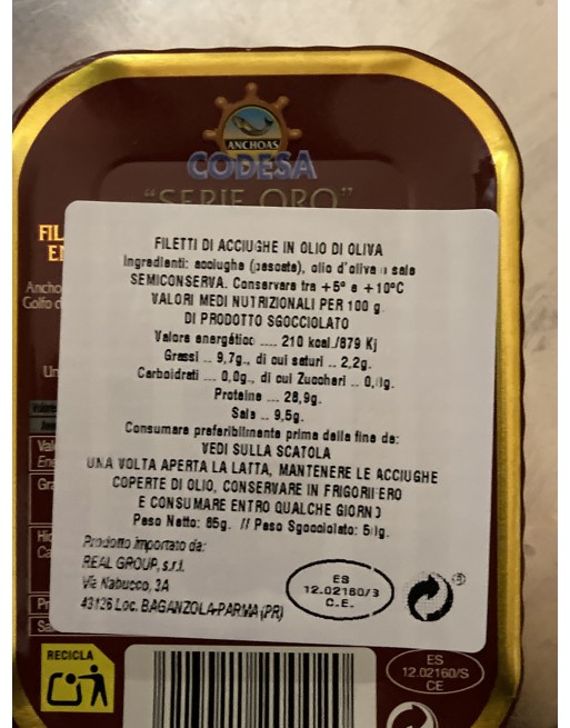 Filetti acciughe mar cantabrico in olio oliva g 85 scatola latta